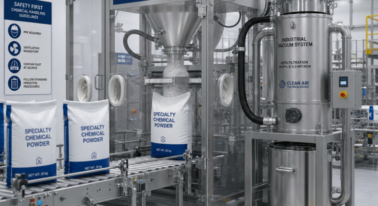 chemical powder dust extraction Houston, bulk powder handling HEPA vacuum Texas, industrial toxic dust hire
